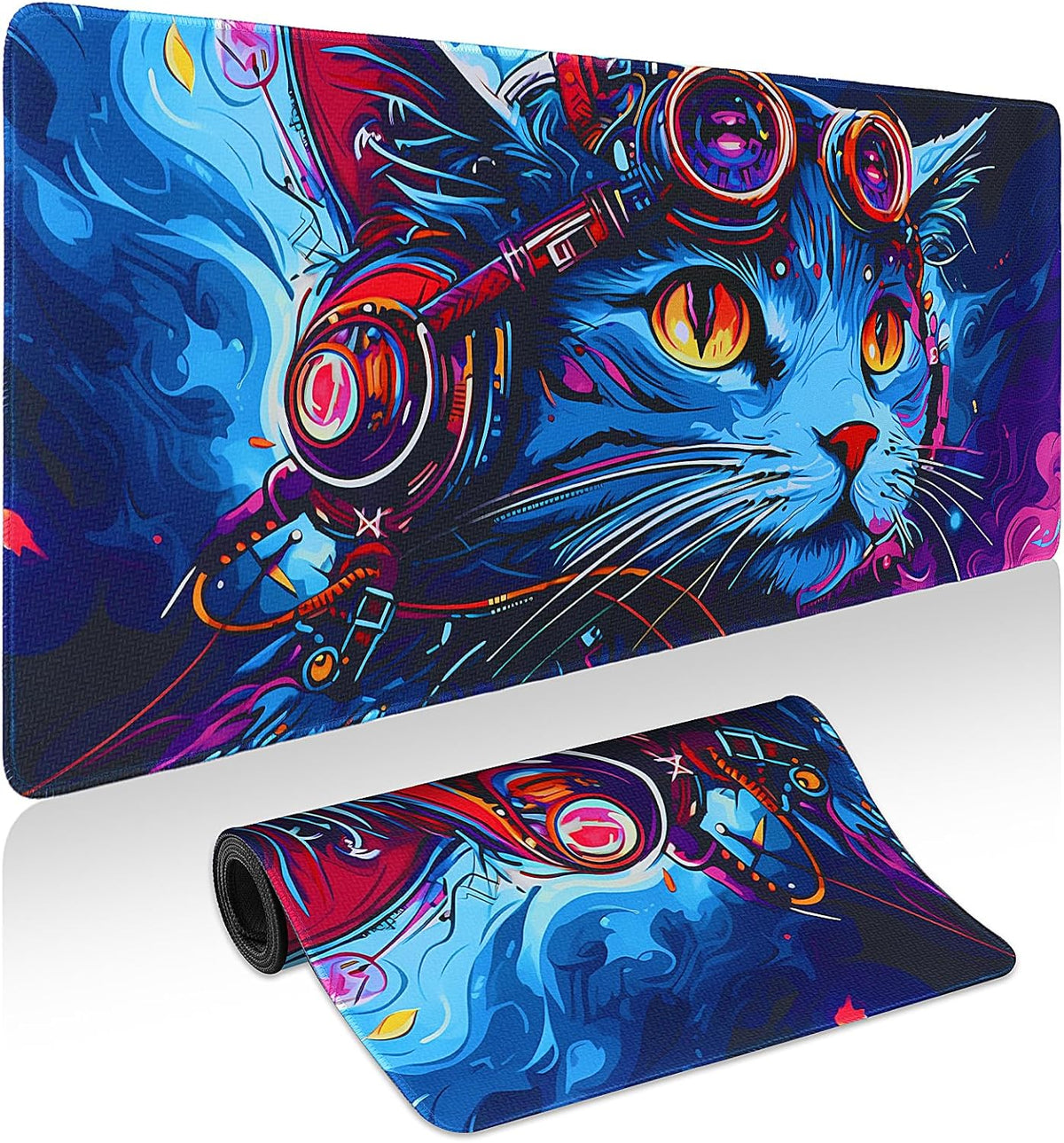 Mouse Pad Gaming - Desk Mat for Keyboard and Mouse - Cool Cat Head Large Mouse Pads for Desk, Gaming Mousepad with Non-Slip Base, Desks Pad (31.5" X 11.8") for Game, Office and Home by Yuhijoy