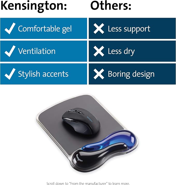 Kensington Duo Gel Mouse Pad with Wrist Rest, Ergonomic Wrist Support for Pain Relief, Comfortable Non-Skid Gel Pad for Computer, Laptop, Office & Home 9.6" x 7.6", Blue K62401AM | Ergonomic wrist support, non-skid gel pad, 9.6 x 7.6 in, pain relief fo... - Image 8