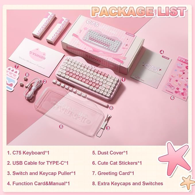 YUNZII C75 Cute 75% Wireless Mechanical Keyboard (Pink, Milk Switch) | Creamy Cake Keyboard, BT5.0/2.4G/USB-C, Hot-Swap, NKRO, PBT MOA Keycaps,5500mAh RGB Gasket Mount for Mac/Win/Gaming/Office - Image 9