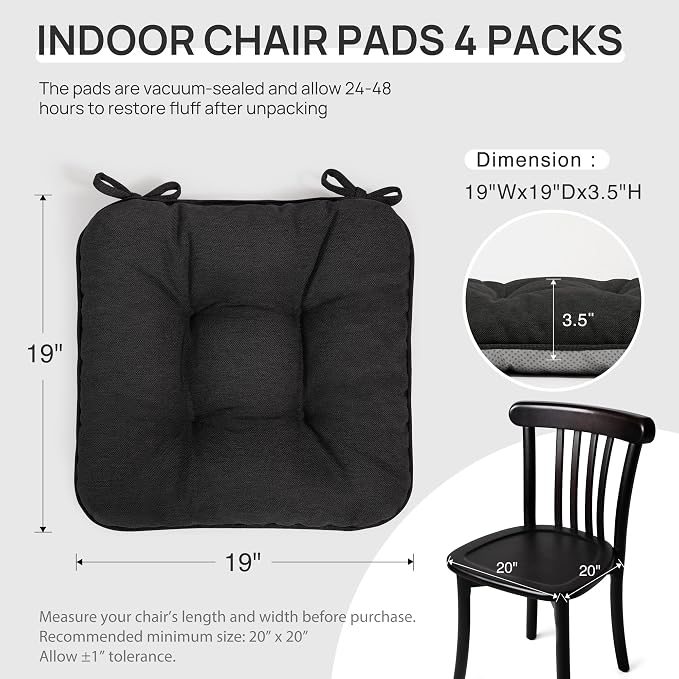 Love's cabin Memory Foam Chair Cushions Set of 4, 19 Inch, Black | 19"x19"x3.5", Indoor & Outdoor Chair Seat Pads with Non-slip Bottom and Ties, for Dining, Kitchen, Office and Patio Chair - Image 2