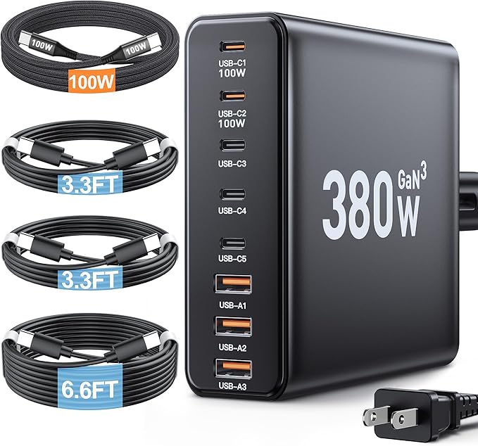 380W USB C Charger Block with 4 USB Cables Dual 100W Charging Station | 8-Port USB C Charging Station Laptop Charger Fast Type C Charging Block for MacBook Pro by Ediliow