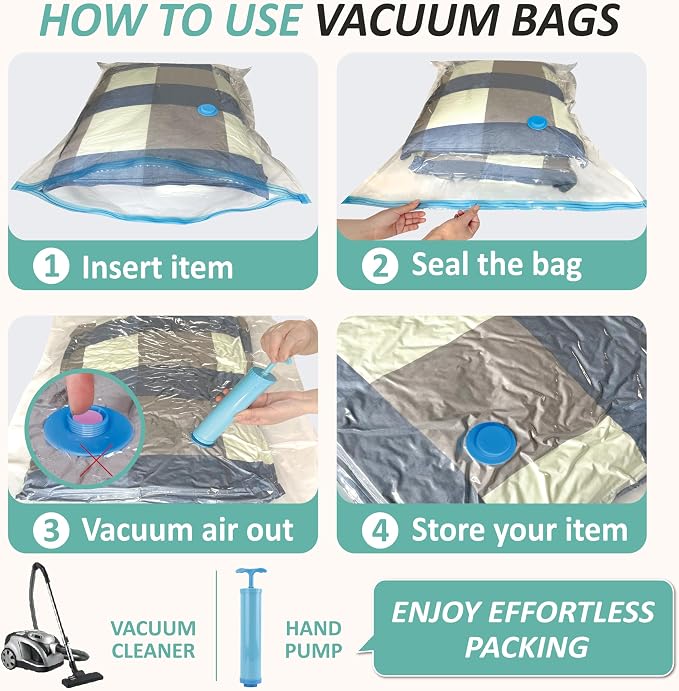 Vacuum Storage Bags with Hand Pump, Vacuum Seal Space Saver Bags,12 Medium | 80% Space-Saving Bags for Clothes, Pillows & Bedding; Double-Zip Airtight Seal; For Luggage, Home & Travel Storage - Image 7