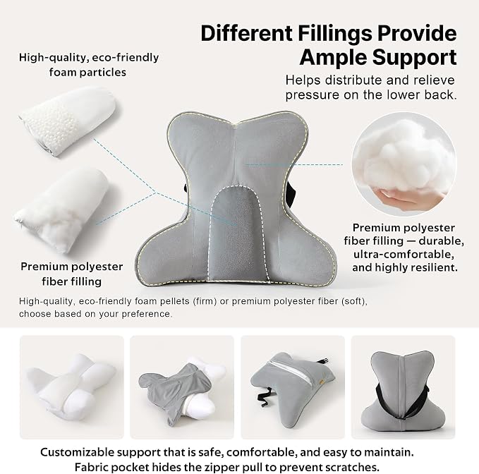 Lumbar Back Pillow (Pat. Pend), Supportive Back Cushion for Bed, Couch & Recliner, Ergonomic Lumbar Pillow with Customizable Firmness for Lower Back Pain Relief, Zinc Gray - Image 3