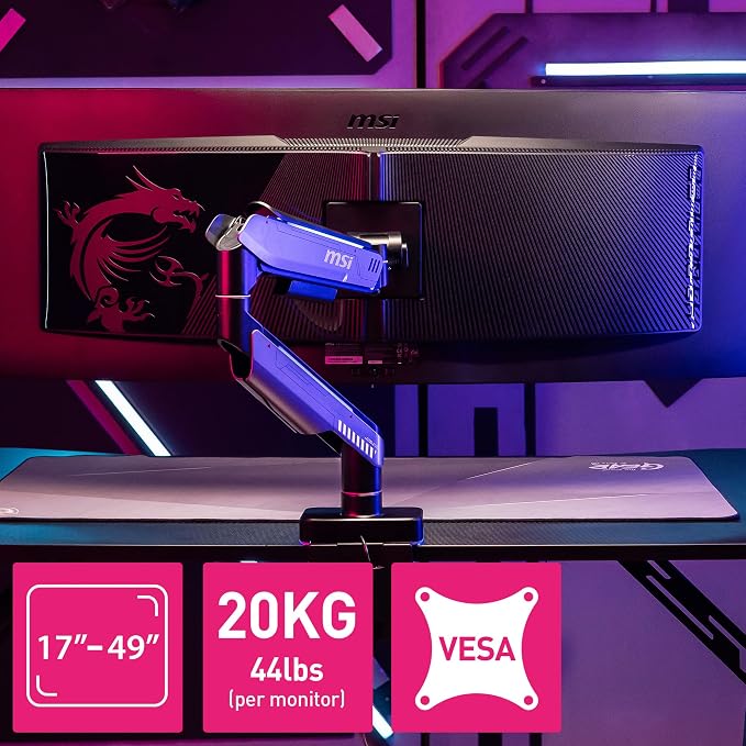 MSI MPG MT201R V2 - Premium RGB Single Monitor Stand Arm, Supports 17-49" Screens and 44 lbs, VESA Compatible, Adjustable Heavy Duty Gas Spring Mount, Clamp & Grommet, Quick Release Plate - Gray - Image 2
