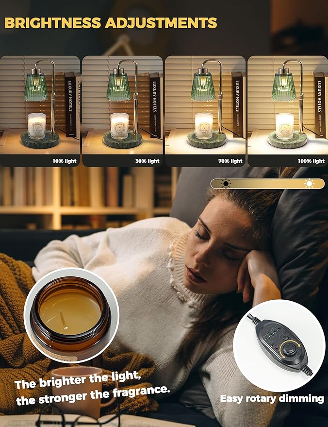 Marble Candle Warmer Lamp Green with Cycle Timer, Dimmable Wax Melt Warmer | 24h Cycle Timer Dimmable Wax Melt Warmer with 2 Bulbs, Fall Decor for Home Living Room Halloween Decorations Gifts for Mom - Image 3