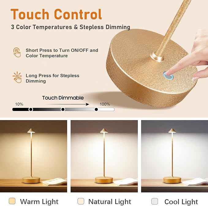 2P Cordless Rechargeable Led Table Lamp Battery Operated Light CHMP Gold | Ice Crackle Finish Champagne Gold Touch 3 Color Dimming Portable Metal Outdoor Waterproof Light for Patio/Restaurant/Dining - Image 2