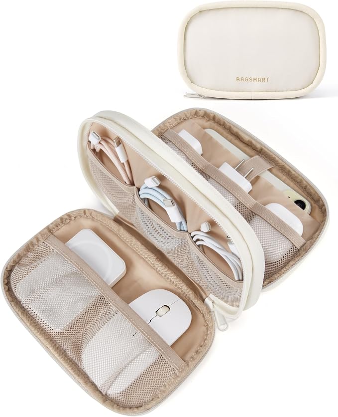 BAGSMART Electronics Organizer Travel Case for Cords Chargers Phones, Beige | Puffy Padded, Travel Essentials, Cord organizer bag for Cables, Compact Tech Accessories Pouch by BAGSMART
