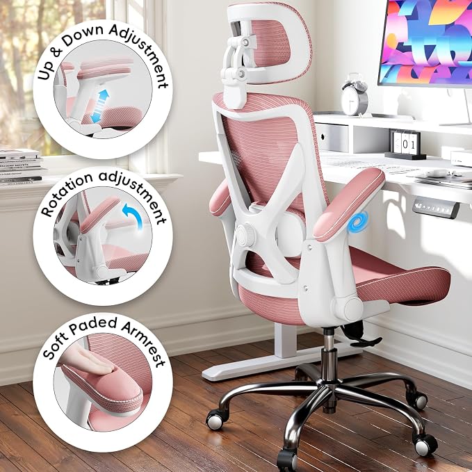 Ergonomic Office Chair:Home Office Desk Chairs with Headrest Lumbar Support | Ergalithic Ergonomic Desk Chair X-Shaped Mesh PU Leather Executive Computer Chair High Back Flip-Up Arms for Long Hour(DPink) - Image 6