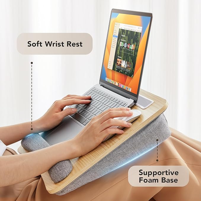 HUANUO Laptop Lap Desk with Cushion, Fit up to 15.6" Laptop，Light Wood | Portable Lap Desk with Pillow Cushion, Anti-Slip Strip & Storage Function for Home Office Students as Computer Laptop Stand - Image 3