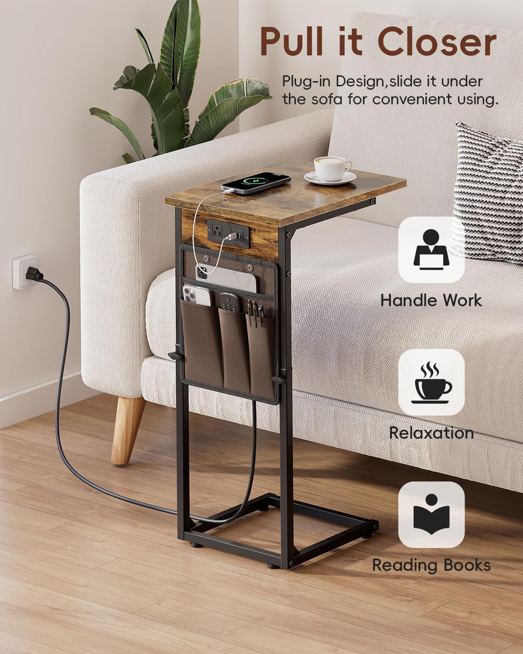 C Shaped End Table with Charging Station, Adjustable Height Side Table for Couch, Small Sofa Table with Storage Bag, Slide Under Sofa TV Tray Snack Arm Tables for Living Room, Bedroom, Brown - Image 7