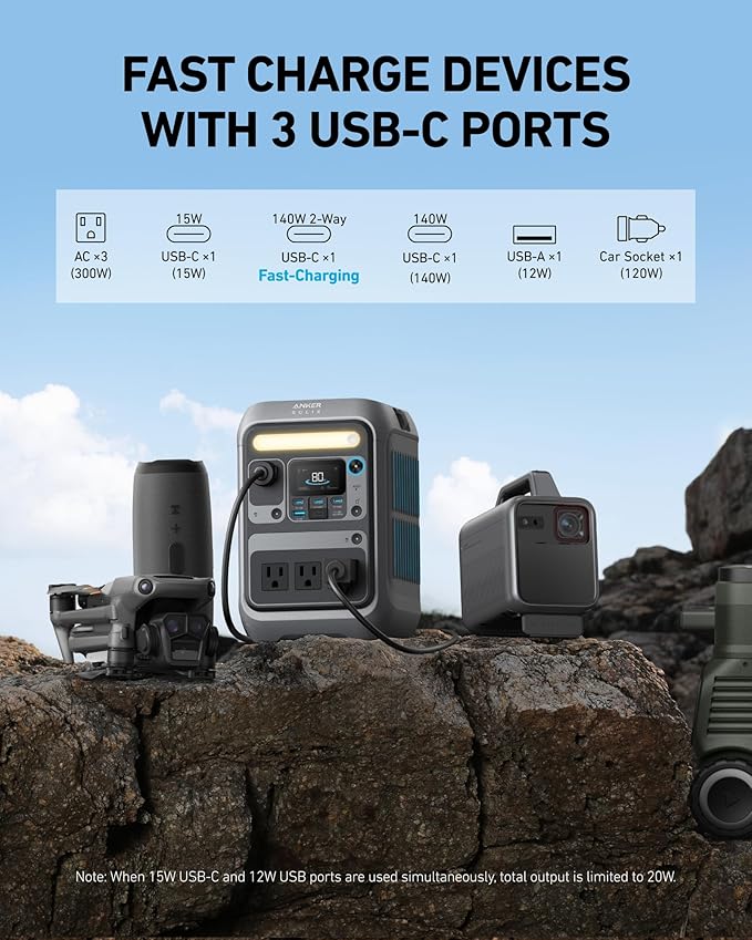 Anker SOLIX C300 Portable Power Station with 60W Solar Panel, 288Wh, 300W | 288Wh LiFePO4 Battery, 300W (Peak 600W), 140W Two-Way Fast Charging, Solar Panel-Ready, for Outdoor and Emergency Use - Image 2