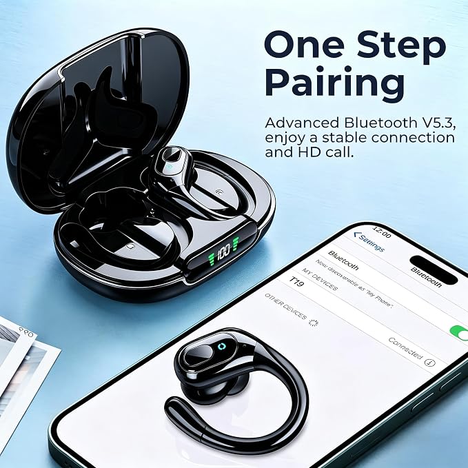 occiam Active Noise Cancelling Earbuds Wireless Bluetooth Headphones Ear Buds 90Hrs Playback Stereo Bass Earphones with Mic Over-Ear Hooks IPX7 Waterproof Headset for Work Sports (Glossy Black) | Ear Buds 90Hrs Playback Stereo Bass Earphones with Mic O... - Image 6