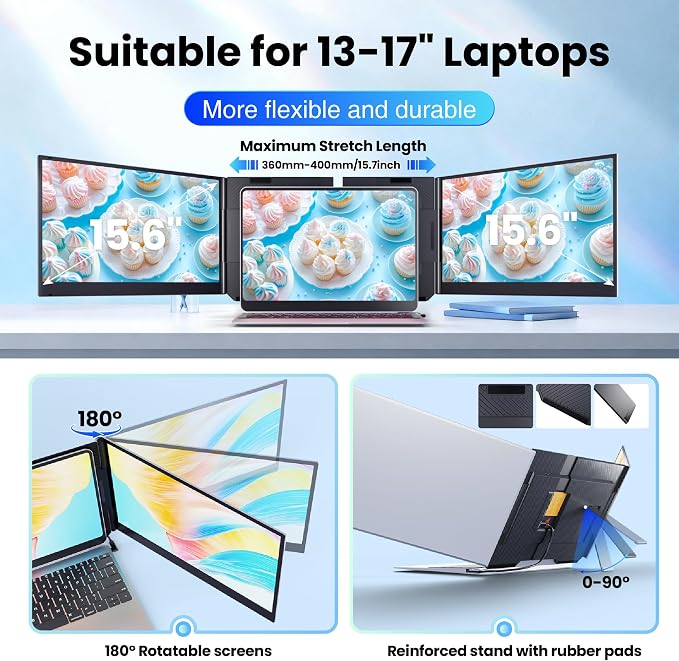 Laptop Screen Extender, 15.6" Ultra Light & Thin Triple Portable Monitor for Laptop with 1080P FHD IPS Display, Two Cable USB-C/HDMI Plug-Play Monitor Extender for Mac/Win/Android, Fits 13-17" Laptops - Image 7