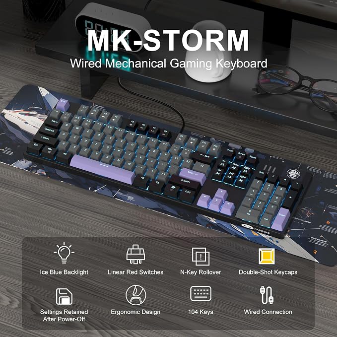 MageGee MK-Storm Mechanical Gaming Keyboard, 104 Keys Wired Light Up Keyboard with Linear Red Switch, Ice Blue Backlit, Double-Shot Keycaps, N-Key Rollover for Laptop, Desktop, PC (Twilight Purple) - Image 2
