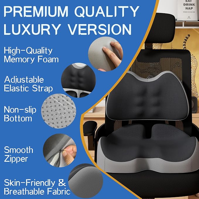 Benazcap Large Memory Foam Seat Cushion Lumbar Support Pillow for Sciatica & Tailbone Pressure Relief Coccyx Pad for Office Chair, Wheelchair, Car, Home, Office - Image 2