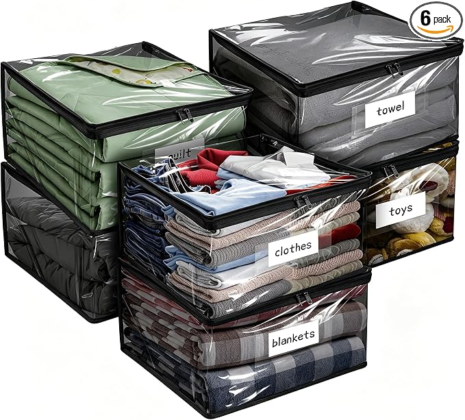 Plastic Storage Bags with Easy-Glide Zipper, Pack of 6, Durable Clear Vinyl Zippered Storage Bags for Clothes Sweaters Comforters Blankets Sheets Bedding (24 x 20 x 11 Inch, Transparent Black) by Kikerike