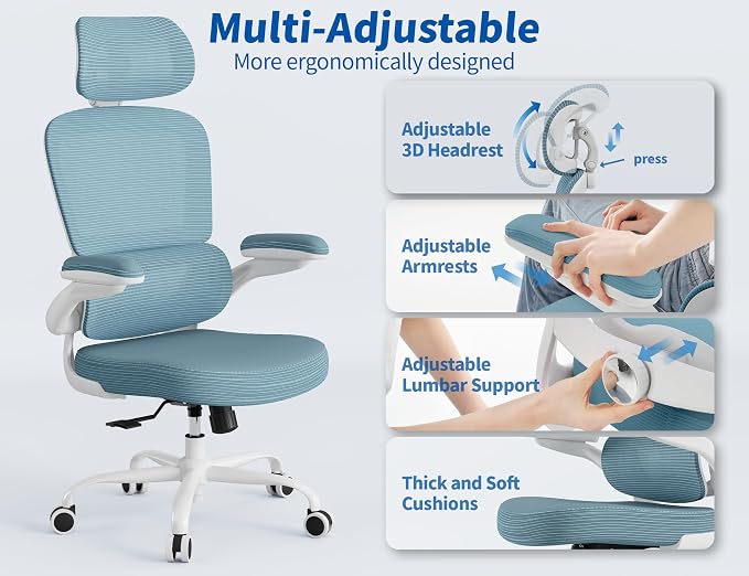 TRALT Ergonomic Office Chair Desk Chair with Adjustable Lumbar Support | Home Office Desk Chairs with Flip-up Armrests & 3D Headrest - Mesh Gaming Chairs for Adults, 330lbs, PU Leather (Blue, 1) - Image 4