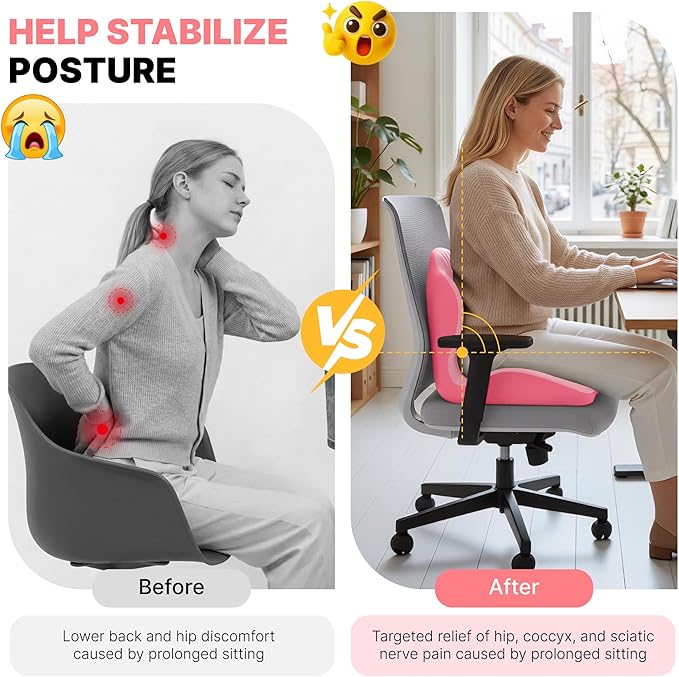 CHANCEE Ergonomic Seat Cushion with L-Shaped Design for Office Chair (Pink) | Memory Foam Orthopedic Cushion with Coccyx Hollow, Lumbar Support & Tailbone Pain Relief for Car, Truck, Gaming Chair - Image 3