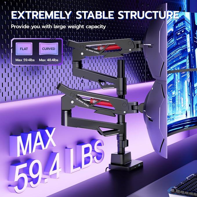 ARES WING Heavy-Duty Gas Spring Dual Ultrawide Monitor Arm57 60Lbs USB VESA | Height Adjustable & Extendable,Built-in USB Port,60Lbs Per Screen, Multi VESA Fit, Clamp & Grommet Base For Ultrawide Screens - Image 4