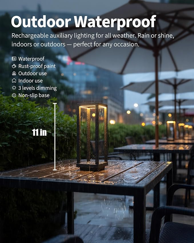 PUSU Cordless Waterproof Table Lamps, Black Outdoor Rechargeable Desk Lamp | 4000mAh Battery Operated, 2700K 3-Level Dimmable, Portable LED Lighting for Patio, Camping, Bedroom, Night Light - Image 2