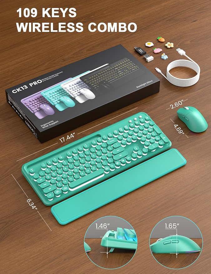 Wireless Keyboard and Mouse, Backlit Typewriter with Magnetic Wrist Rest | Phone Holder, Light Up Round Keycaps, Lighting Mouse, 2.4GHz Cordless Set for Mac, Windows, PC, Laptop, SABLUTE - Image 9