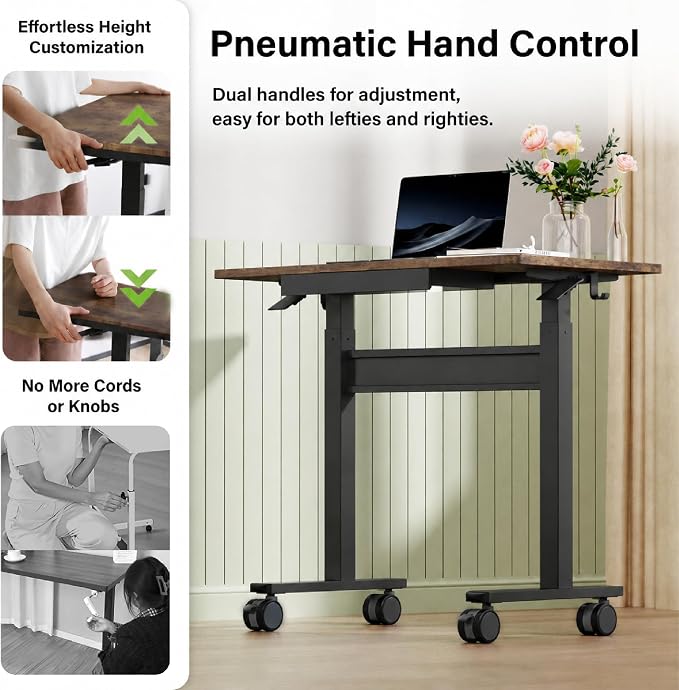35" Pneumatic Standing Desk for Walking Pad with Wheels Drawer, Dark Wood | Height Adjustable Rolling Desk, Mobile Computer Workstation with Hook Locking Casters for Treadmill & Home Office - Image 4