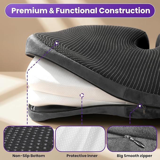 ZZ-WELL Seat Cushions for Office Chairs, Patented Pressure Relief Coccyx Cushion for Tailbone Pain, Memory Foam Butt Pillows for Wheelchair Car Sitting, Carrying Handle, Non-Slip (Grey, Large) - Image 8