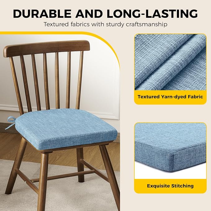 downluxe Indoor Chair Cushions for Dining Chairs, Soft and Comfortable Textured Foam Kitchen Chair Pads with Ties and Non-Slip Backing, 16" x 16" x 2", Light Blue, 2 Pack - Image 6