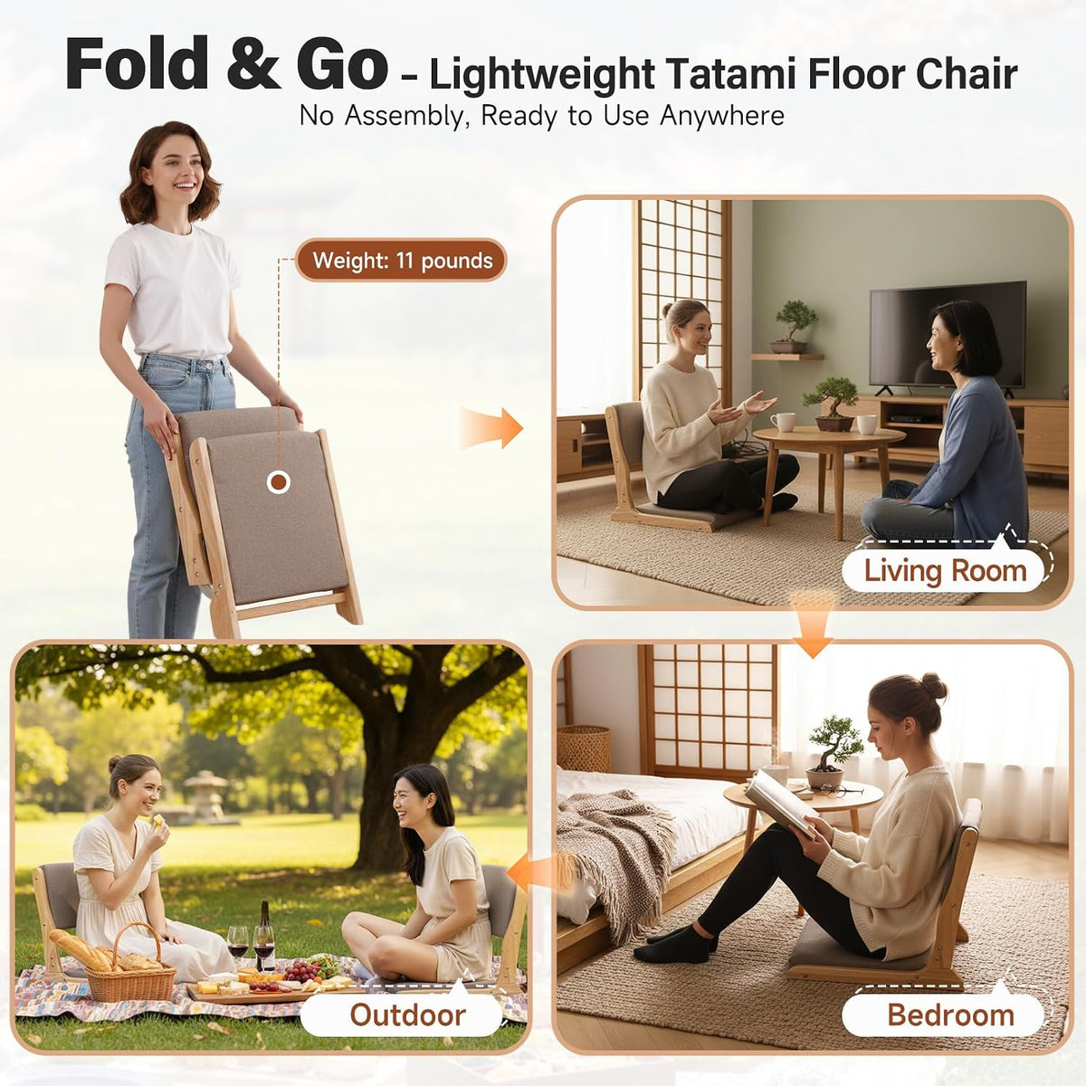 Tiita 2-Pack Foldable Meditation Floor Chairs with Back Support, Wood Grey - Image 6