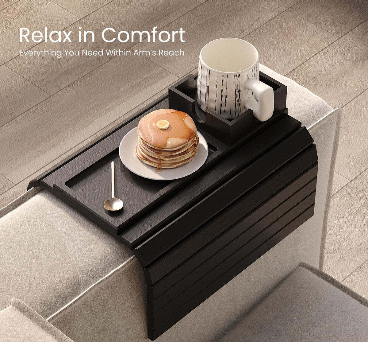 Fibogollo Bamboo Foldable Sofa Arm Tray with Square Cup Holder（Black） - Image 5