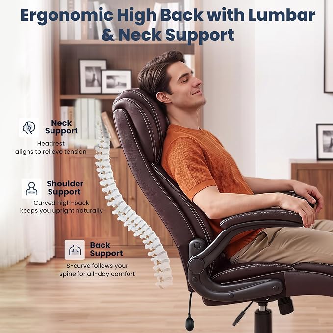 Ergonomic Office Chair, High Back Executive Leather Desk Chair | Inflatable Lumbar Support for Back Pain Relief, Heavy-Duty Computer Desk Chair for Long Workdays, Flip-Up Armrests, Coffee - Image 4
