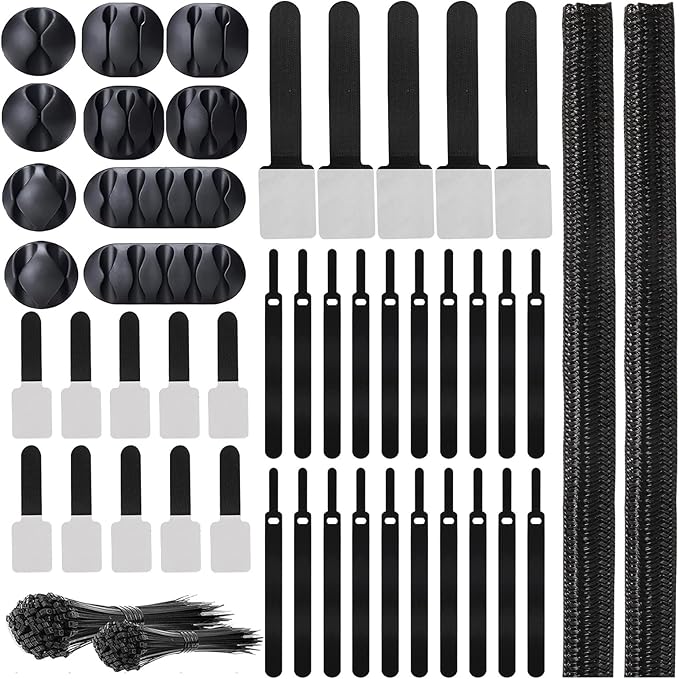 137PCS Cable Management Kit 4 Cable Sleeve Split 100 Cable Zip Ties 10 Cable Clips 15 Adhesive Wall Cable Tie 10 Cable Zip Tie for TV Computer Office Home Under Desk by AOOTOOSPORT