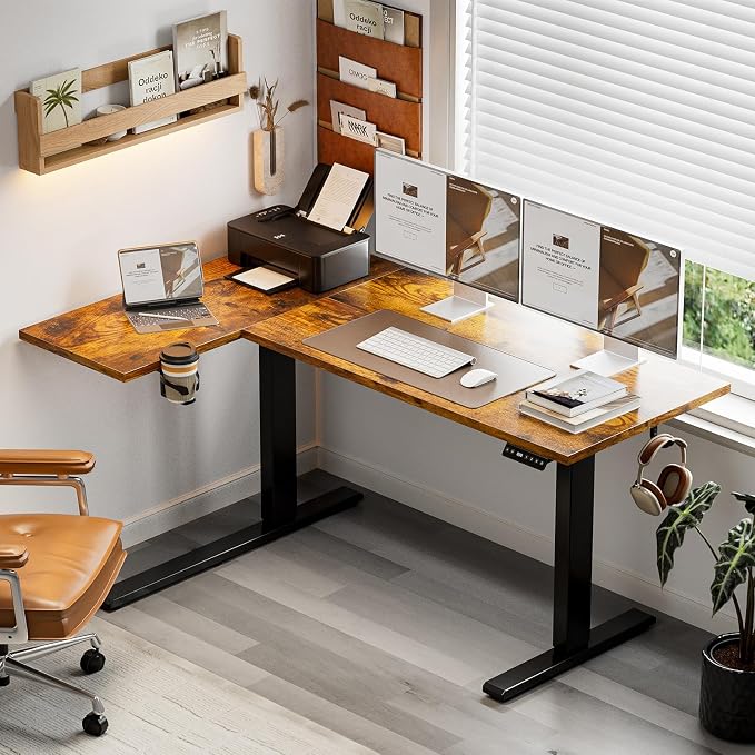 Muvai 59 Inch L Shaped Standing Desk Adjustable Height with Cable Management Tray,Gaming Electric Corner Standing Desk, Sit Stand Computer Table with Reversiable Splice Board,Rustic Brown - Image 2