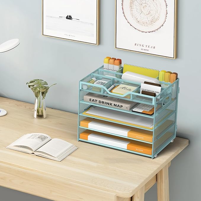 5 Tier Paper Letter Tray Desk Organizer with Pen Holders - Blue | Features 3 pen holders and 4 removable dividers.Versatile mesh desktop storage for mail, document,office supplie - Image 6