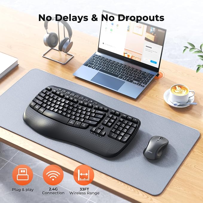 MEETION Ergonomic Wireless Keyboard and Mouse Combo with Wave Keys | Natural wave keys, hard wrist rest, 2.4G USB receiver, full-size layout, 4 DPI optical mouse, for Windows, Mac, desktop PC - Image 6