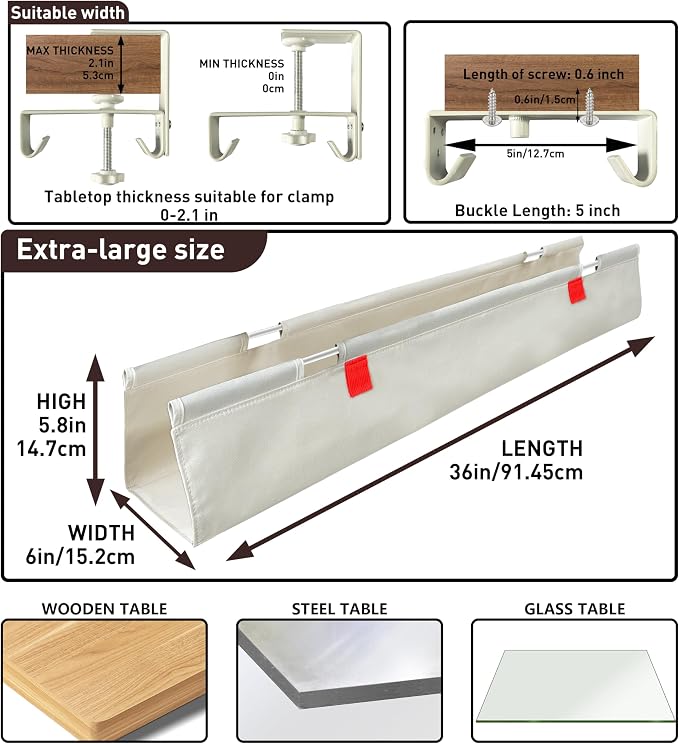 No Drill Under Desk Cable Management Tray, 36" Desk Cable Organizer | Premium Oxford Fabric Cable Management, Clamp Screw Desk Cable Management, Large Capacity Table Cable Organizer for Office - Image 3