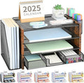 Desk Organizer, 4-Tier Desktop File Organizer with Drawer and Pen Holders, Office Desk Accessories, File Sorters, Workspace Organizers for Office Supplies(Brown Wood) by OPNICE