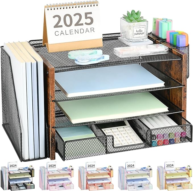 Desk Organizer, 4-Tier Desktop File Organizer with Drawer and Pen Holders, Office Desk Accessories, File Sorters, Workspace Organizers for Office Supplies(Brown Wood) by OPNICE