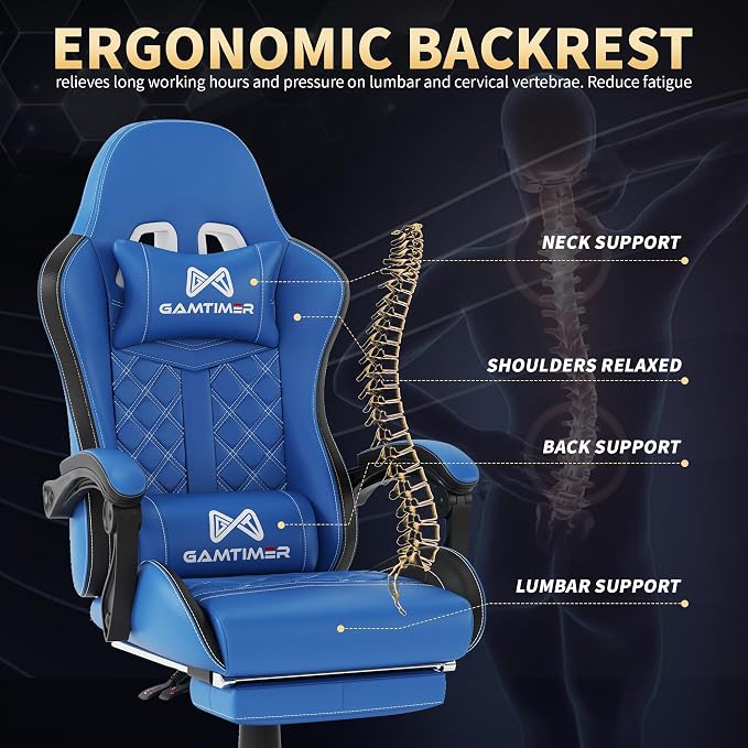 Gamtimer Gaming Chair, 400 LB Weight Capacity,with Pocket Spring Cushion | Ergonomic Backrest Office Chair,Leather, with Headrest and Lumbar Support, Footrest, Suitable for Adults(Blue) - Image 7