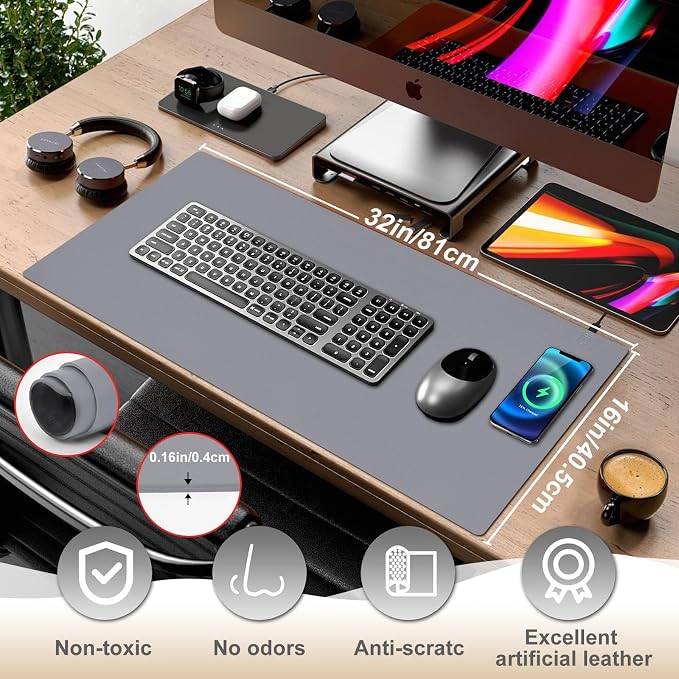 Desk Mat with Wireless Charging, Grey Mouse Pad with Wireless Charger, Desk Pad Matt for Desktop, Mousepad Gaming Large Mouse Pad, Leather Compute for Keyboard and Mouse, 32" x 16" - Image 7