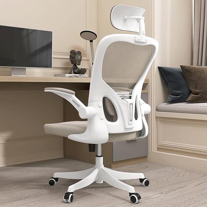 Monhey Office Chair Ergonomic Desk Chair with Lumbar Support&Headrest&Flip-up Arms Height Adjustable Rocking Swivel Computer Chair Multi-Angle from 90° to 125° with 350LBS Capacity (02White+Khaki) by Monhey-EasyErgonomicChair