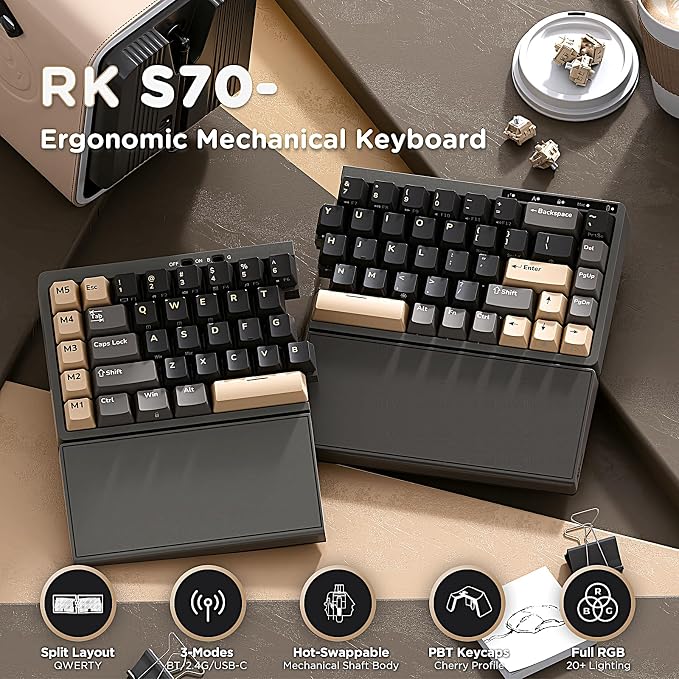 RK ROYAL KLUDGE S70 Ergonomic Split Keyboard, Linear Creamy Switch Black | Wireless RGB Mechanical Keyboard with Bluetooth/2.4G/Wired, 75% Hot Swappable Gaming w/Fixed Wrist Rest, PBT Keycaps, Win/Mac - Image 2