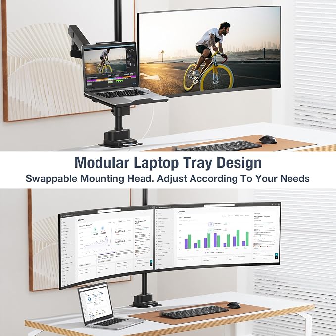 AVLT Laptop & Monitor Arm Pole Top Mount for 17-40" Screens - Black | Supports flat/curved/ultrawide screens up to 26.4 lbs each. Includes 12-17" laptop tray, 38.9" lift and USB-C/A ports. - Image 2