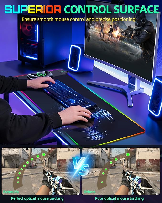 15W Wireless Charging RGB Mouse Pad, 31.5"x15.7", XXL Gaming Desk Mat | 15 Lighting Modes, Large Ultra-Smooth Surface, Non-Slip Rubber Base, Waterproof Computer Keyboard Pad for Desk, Office, Black - Image 4