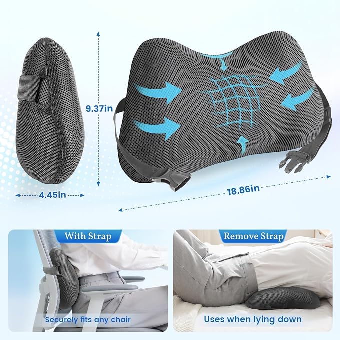 Lumbar Support Pillow, Memory Foam Back Cushion for Office Chair Car, Grey | Ergonomic Lower Back Support with Adjustable Strap, Breathable Removable Cover for Couch, Wheelchair and Daily Comfort - Image 4