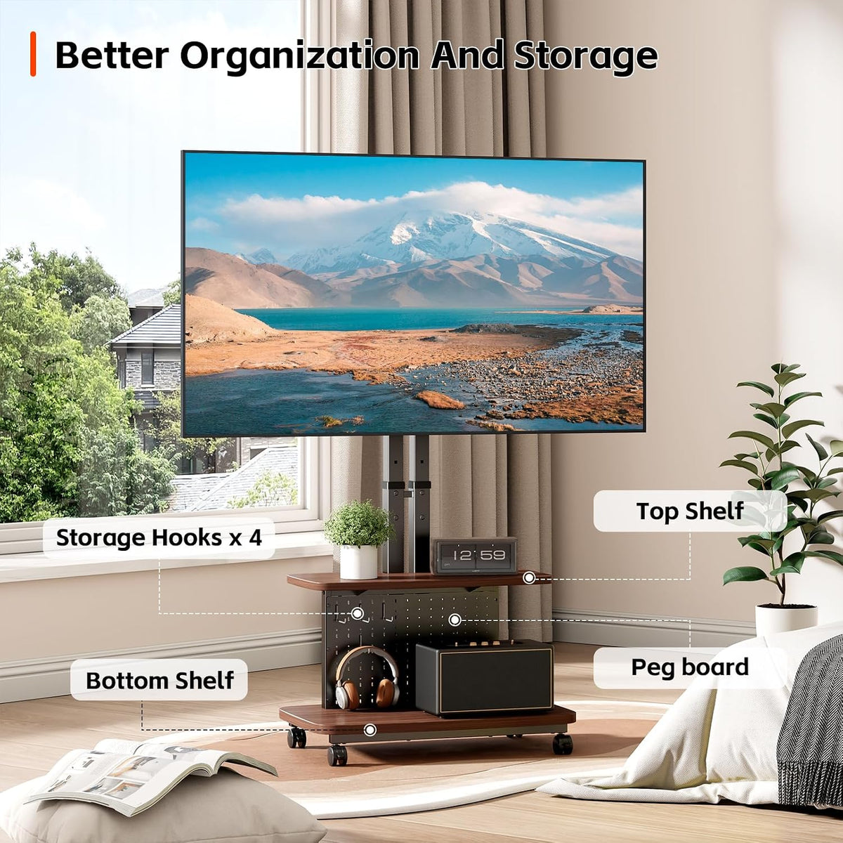Mobile TV Cart on Wheels,Height Adjustable Rolling TV Stand for 32-85 inch TVs,with 5-Level Lift,35° Swivel,Portable Media Cart for Office,Outdoor - Image 7