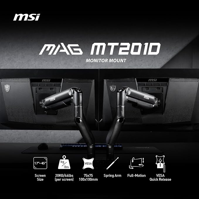 MSI MAG MT201D - Premium Heavy Duty Dual Monitor Stand Arms, 17-45" Support, VESA Compatible, Adjustable Spring Mount, 44 lbs per Screen, Clamp & Grommet, Quick Release Plate - Black - Image 2