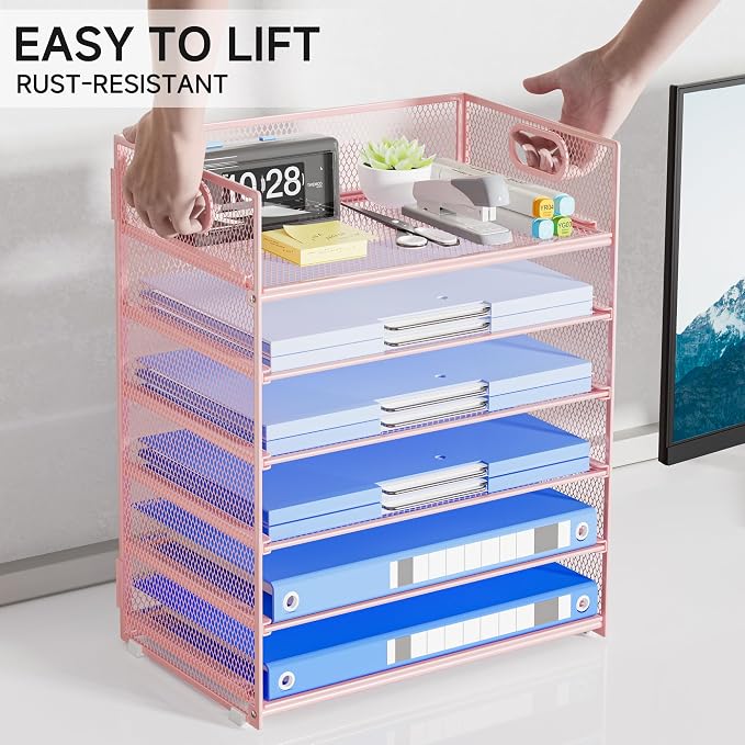 Pink Paper Organizer for Desk with Handle, 6-Tier | Metal Mesh File Organizer, Stackable Desktop Organizer for Office Supplies & Stationery Storage - Image 5