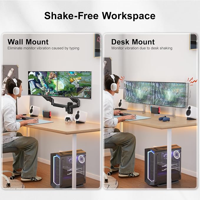HUANUO Gaming Dual Monitor Wall Mount for 17-32 Inch Computer Screen Mount (4.4-17.6lbs Per Arm) - VESA 75x75/100x100 Height Adjustable Stand for Dual Monitors - Home Office Desk Setup - Image 5