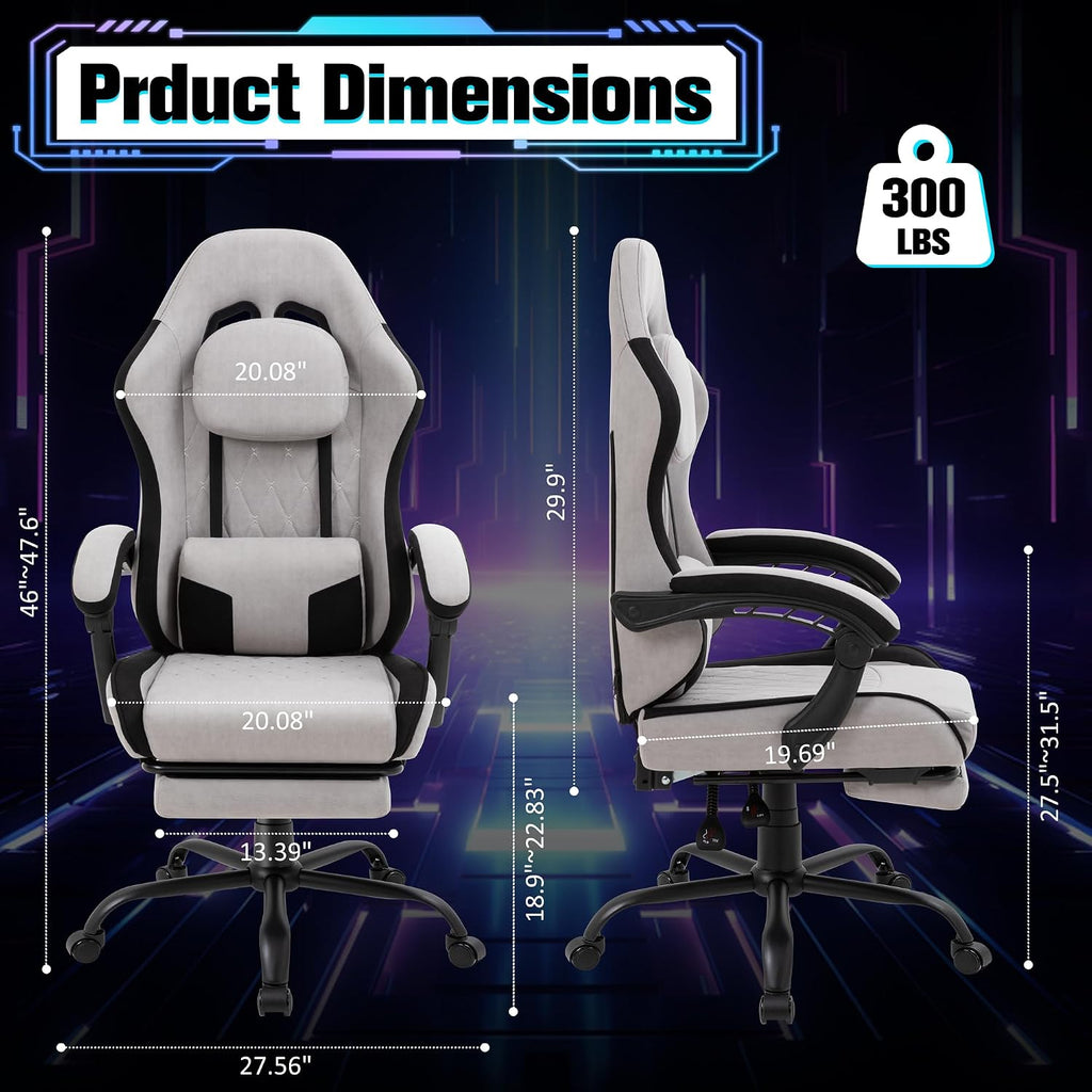 Gaming Chair with Footrest, Ergonomic Fabric Desk Chair, Grey - Image 3